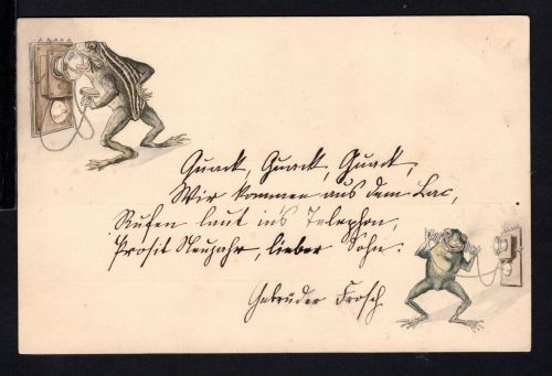 Prägepostkarte telefonierende Frösche