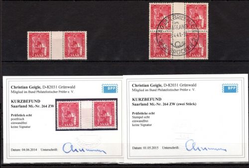 Saarland MiNr. 264 ZW postfrisch + gestempelt Kurzbefunde Geigle