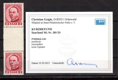 Saarland MiNr. 289 ZS postfrisch Kurzbefund Geigle