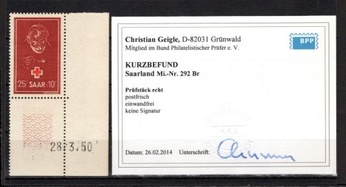 Saarland MiNr. 292 Br postfrisch Rotes Kreuz, Kurzbefund Geigle