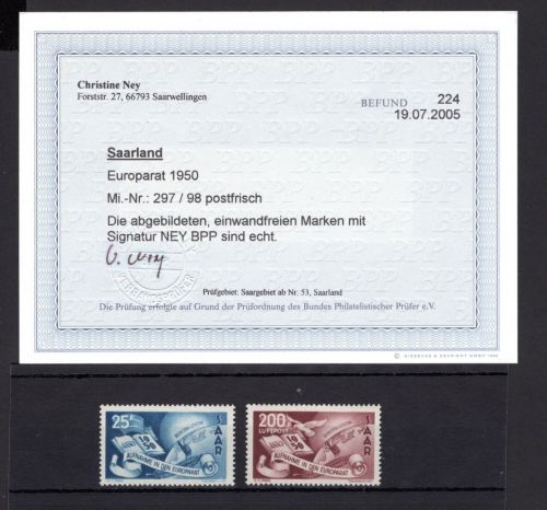 Saarland MiNr. 297-298 postfrisch Europarat, Fotobefund Ney