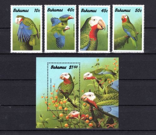 Bahamas MiNr. 728-731 mit Block 62 Vögel Papageien Aras postfrisch Tiere