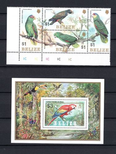 Belize MiNr. 770-773 mit Block 68 Papageien Aras, beide postfrisch Tiere