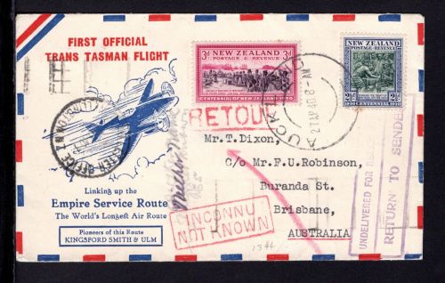 Neuseeland Erstflugbeleg Neuseeland-Australien 30. April 1940