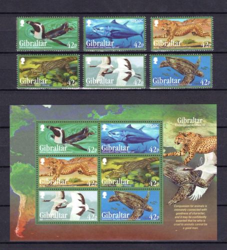 Gibraltar MiNr. 1568-1573 mit Block 113 Tiere III, Satz postfrisch Tiere