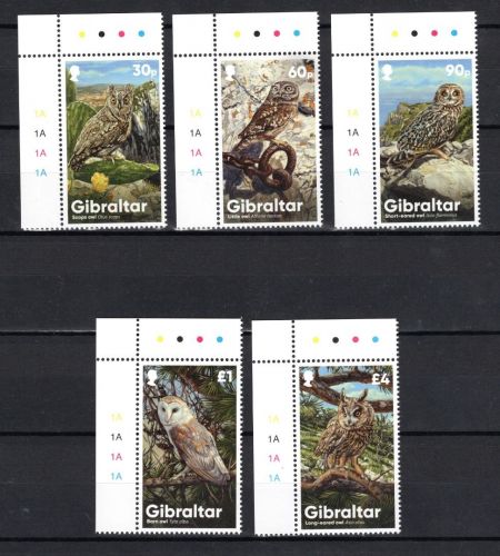Gibraltar MiNr. 1975-1979 Eulen und Uhu, Eckrand-Satz postfrisch Tiere