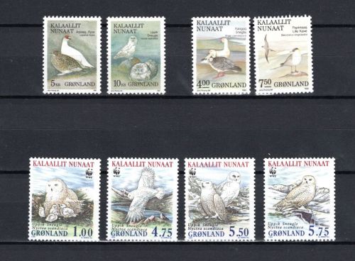 Grönland MiNr. 176ff Vögel Schneeeule Möwe Rauhfußhuhn postfrisch Tiere