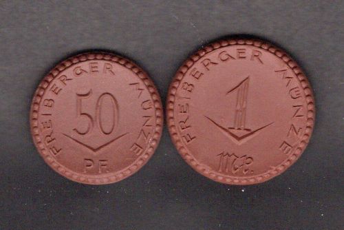 Freiberger Münze 1921 50 Pfennig u. 1 Mark, Steingut