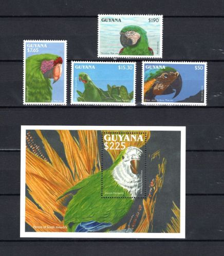 Guyana MiNr. Papageien und Aras 1993 mit Block, beides postfrisch Tiere