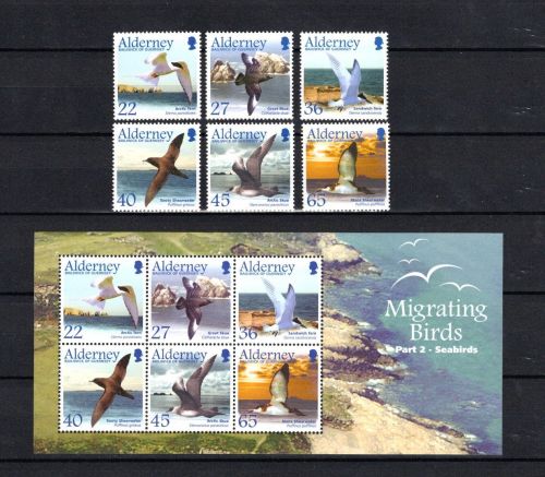 Alderney MiNr. 212-217 mit Block 15 Zugvögel Seevögel postfrisch Tiere