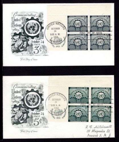 UNO New York MiNr. 23-24 RZf FDC 4er Blöcke auf New York FDC