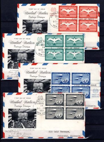 UNO New York MiNr. 12-15 RZf FDC 4er Blöcke auf New York FDC