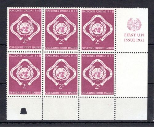 UNO New York MiNr. 3 RZf CO IV postfrisch 6er Block mit CO Schlussstein