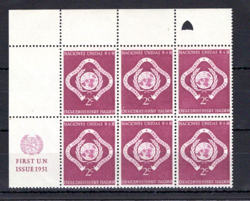 UNO New York MiNr. 3 RZf CO Vb postfrisch 6er Block mit CO gr. Schild