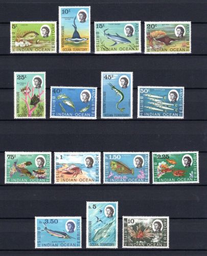 Brit. Terr. Ind. Ozean MiNr. 16-30 Seetiere Fische, Satz postfrisch Tiere