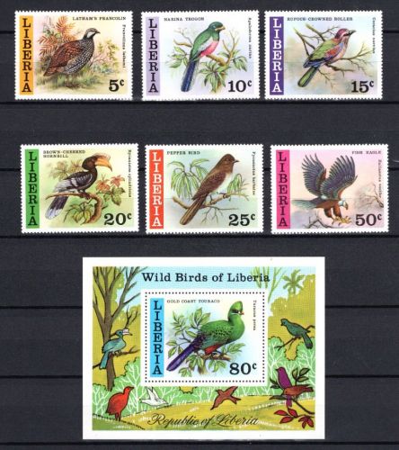 Liberia MiNr. 1025-1030 mit Block Wildvögel 1977, alles postfrisch Tiere