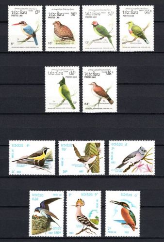 Laos MiNr. 541-546 + 1082-1087 Vögel 1982+1988, 2 Sätze postfrisch Tiere