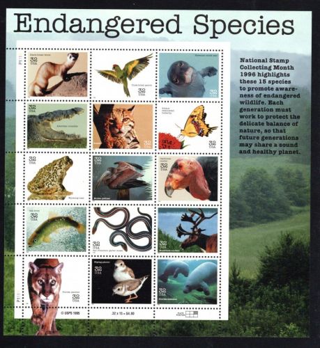 USA MiNr. 2769-2783 ZD-Kleinbogen Bedrohte Tiere 1996 postfrisch Tiere