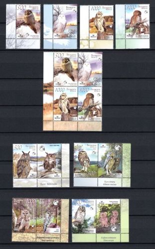 Weißrussland MiNr. 672ff + 750ff Eulen Uhus Satz und ZD postfrisch Tiere