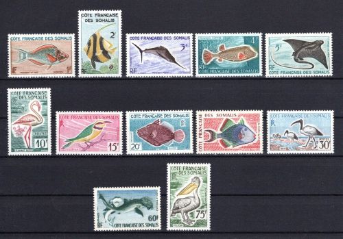 Franz. Somaliküste MiNr. B320-331 Vögel und Fische, Satz postfrisch Tiere