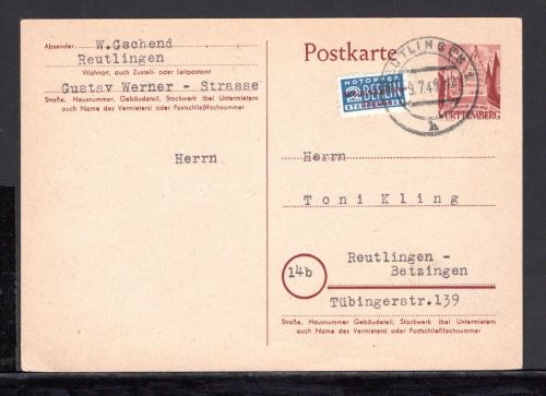 franz. Zone Württemberg Ganzsache MiNr. P 1 gebraucht