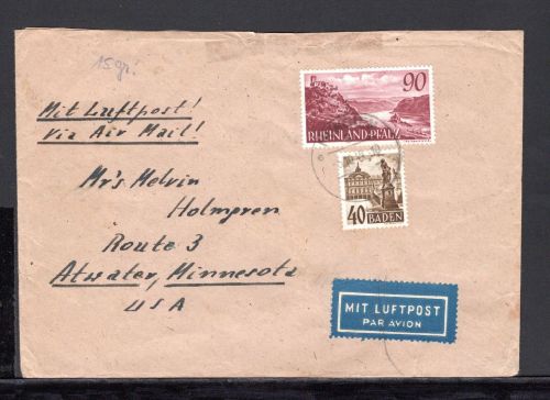 franz. Zone Baden + RP MiNr. 35 + 41 Mischfrankatur auf Luftpost