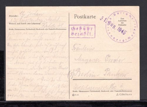 All. Besetzung Fürstenberg Meck. Ganzs. Notausgabe MiNr. PA11 gebraucht