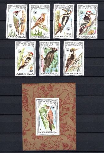 Mangolei MiNr. 1851-1857 mit Block 119 Spechte 1987 postfrisch Tiere