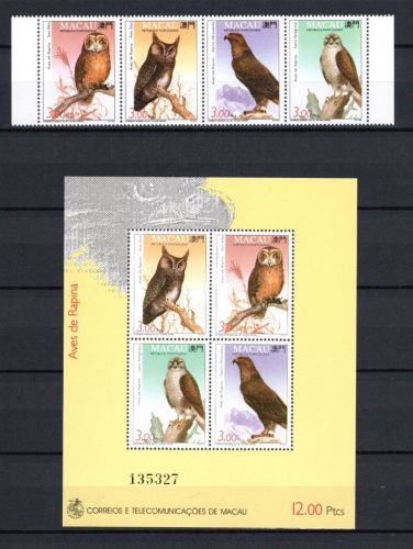 Macau MiNr. 727-730 mit Block 22 Greifvögel Eulen 1971 postfrisch Tiere