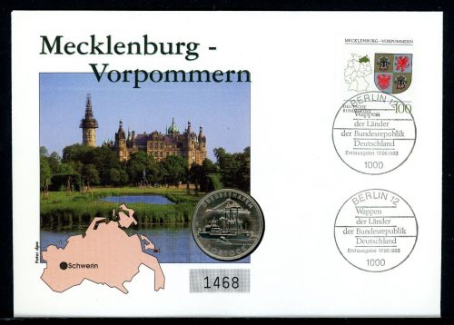 Bund 1993 Numisbrief Mecklenburg-Vorpommern mit 5 Mark DDR Rostock ST