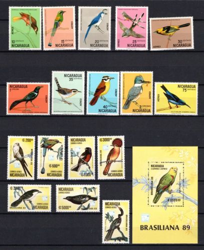 Nicaragua MiNr. 1631-40 und 2943-49 mit Block 184 Vögel postfrisch Tiere