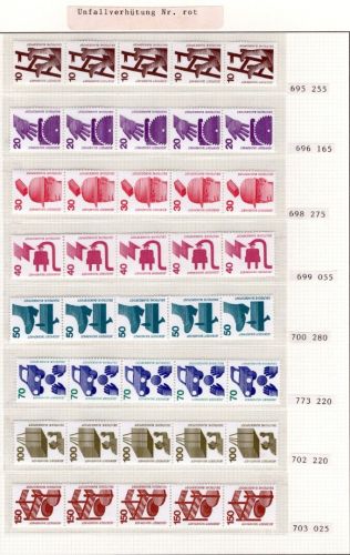 Bund MiNr. 694-703 + 773 postfrisch 5er Streifen, rote Nummer