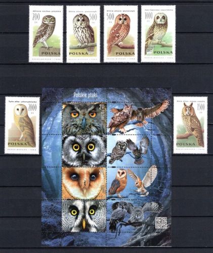 Polen MiNr. 3294-3290 und Block 244 Eulen 1990/2015 postfrisch Tiere