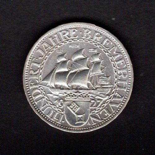 Weimar 1927 A 3 Reichsmark "Bremerhaven" vz-st