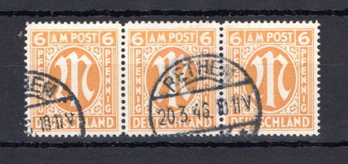 Bi-Zone MiNr. 13 Ax gestempelt 3er Streifen, geprüft Hettler