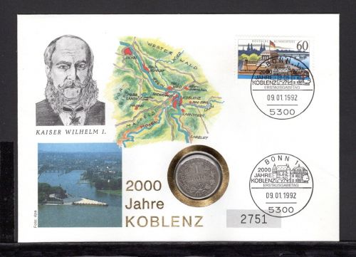 Bund 1992 Numisbrief 1 Mark 1875, 2000 Jahre Koblenz