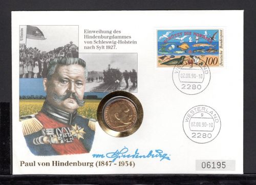 Bund 1990 Numisbrief 2 Reichsmark vergoldet Eröffnung Hindenburg Damm