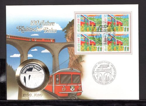 Schweiz 1989 Numisbrief Medaille 100 J. Rhätische Bahn Feinsilber PP