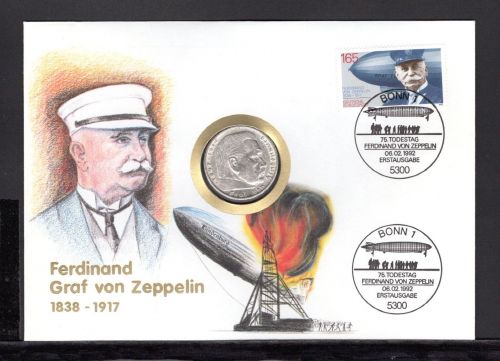 Bund 1992 Numisbrief 5 Reichsmark Hindenburg Graf von Zeppelin