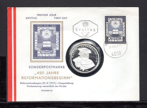 Österreich 1967 Numisbrief Togo 1000 Francs Martin Luther, Feinsilber PP