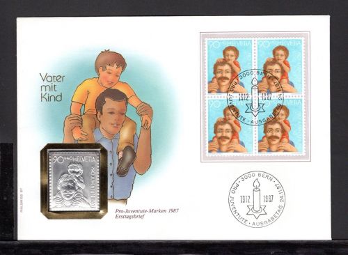 Schweiz 1987 Numisbrief Medaille Pro Juventute Vater mit Kind, Feinsilber