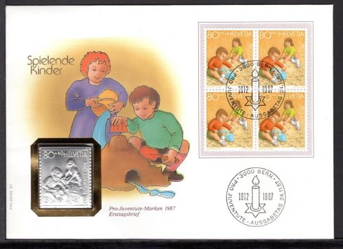 Schweiz 1987 Numisbrief Medaille Pro Juventute Spielende Kinder Silber