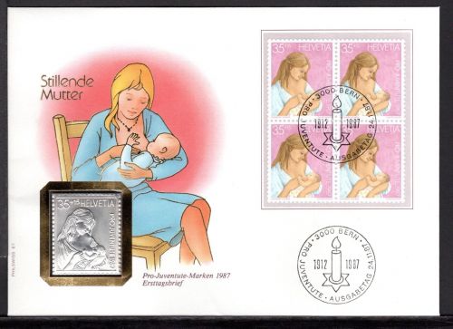 Schweiz 1987 Numisbrief Medaille Pro Juventute Stillende Mutter Silber