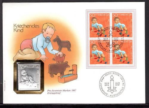 Schweiz 1987 Numisbrief Medaille Pro Juventute Kriechendes Kind Silber