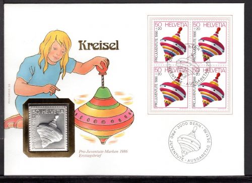 Schweiz 1986 Numisbrief Medaille Pro Juventute Kreisel Silber