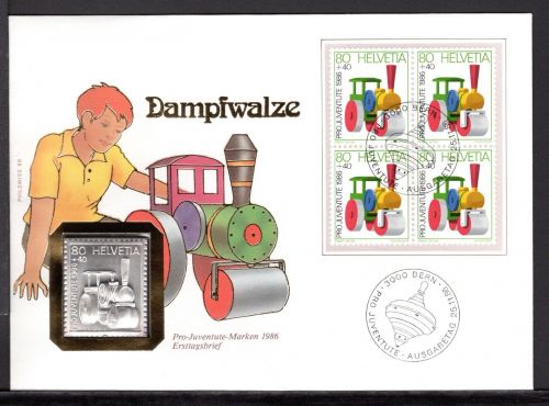 Schweiz 1986 Numisbrief Medaille Pro Juventute Dampfwalze Silber