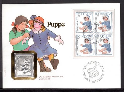 Schweiz 1986 Numisbrief Medaille Pro Juventute Puppe Silber