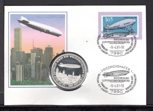 Bund 1991 Numisbrief Medaille Zeppelin, Luftbeförderung, versilbert PP