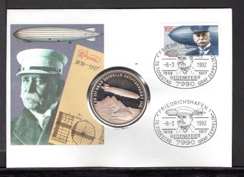 Bund 1992 Numisbrief Medaille Zeppelin, Gedenkfeier, versilbert PP