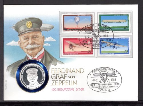 Bund 1988 Numisbrief Medaille 150. Geburtstag Graf Zeppelin, Silber PP